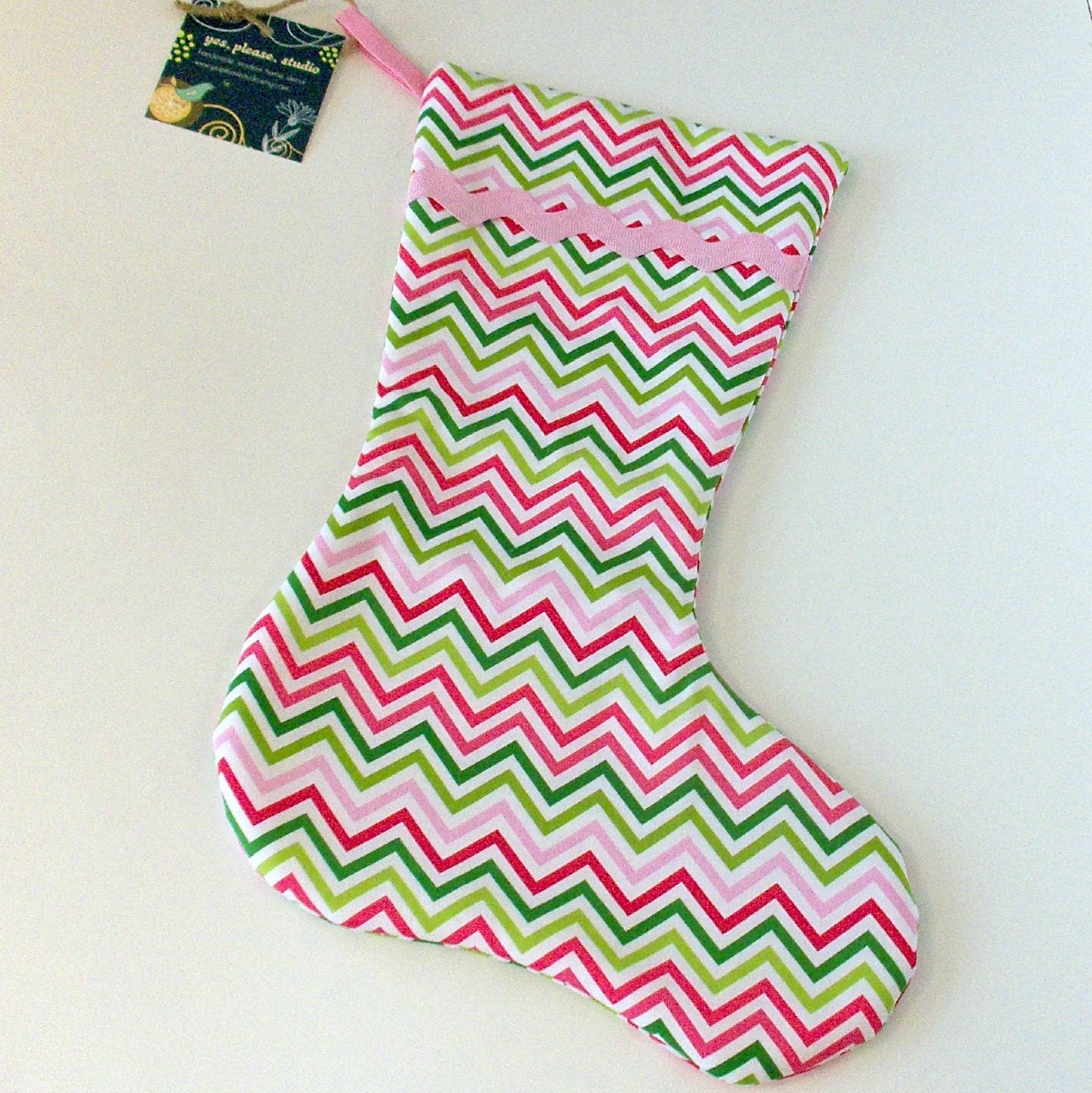 Multicolored Chevron Christmas Stocking with Pink Lining