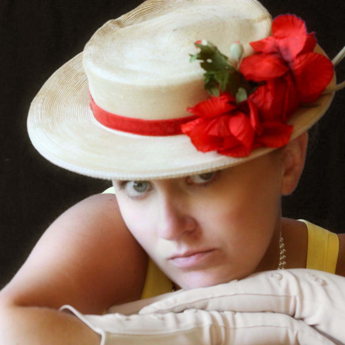 Vintage Straw Hat with Bright Red Flowers