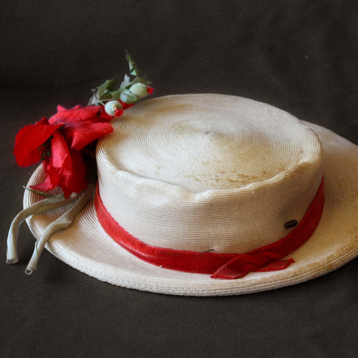 Vintage Straw Hat with Bright Red Flowers