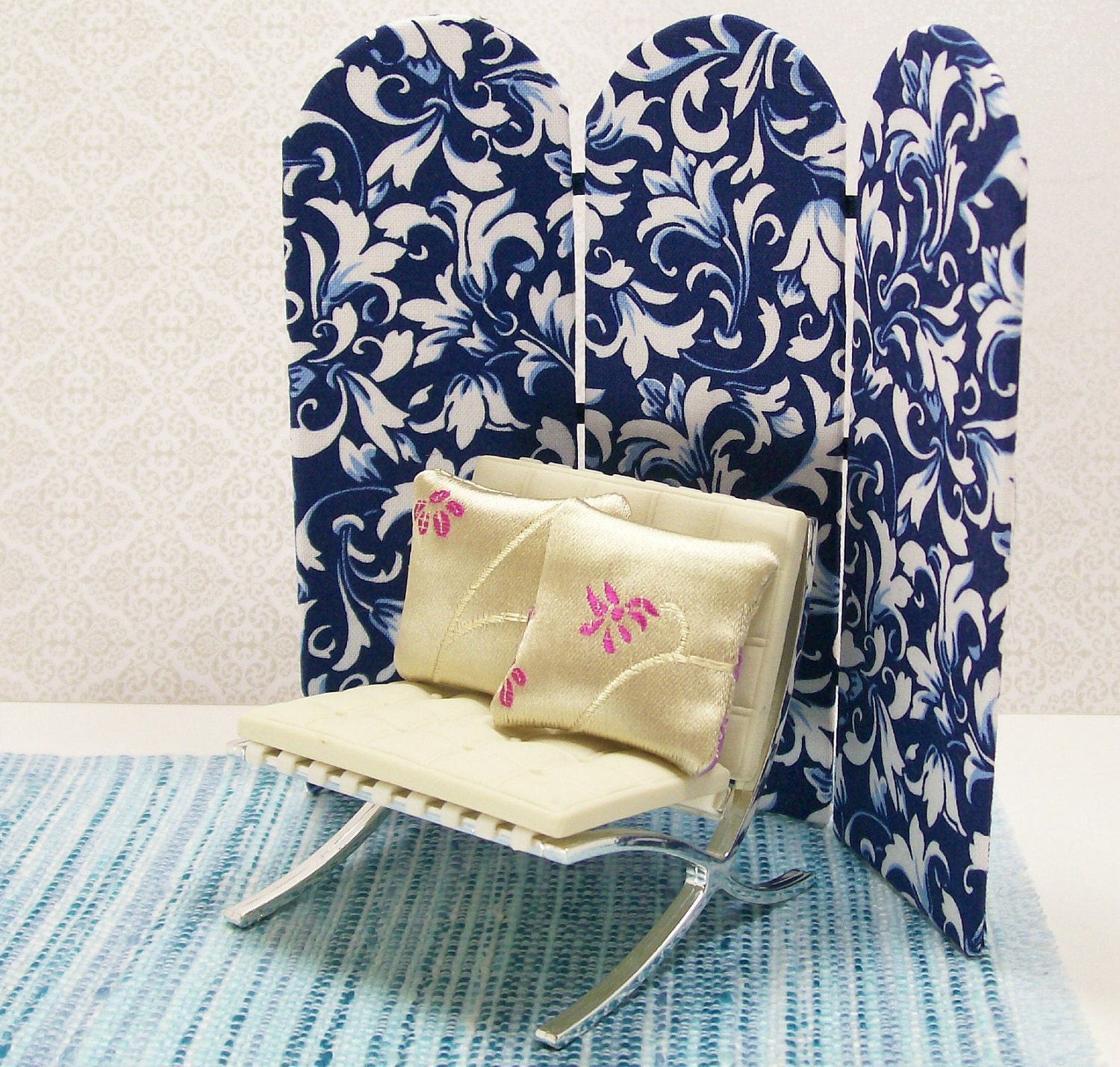 Dollhouse Miniature Tri Panel Upholstered Folding Screen Room Divider Blue White Contemporary One Inch Scale