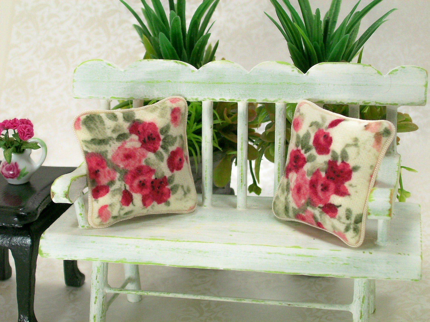Dollhouse Miniature Pillows Cabbage Roses Pink Red Rose Victorian Shabby Chic Floral Flowers Throw Toss Cushions One Inch Scale - dalesdreams