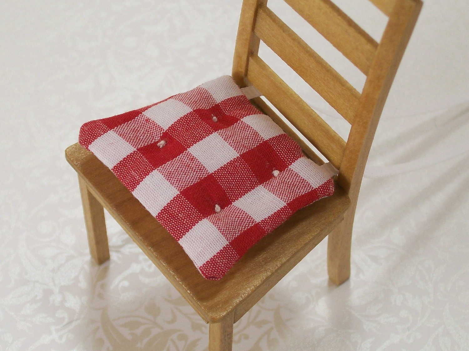 Dollhouse Miniature Kitchen Chair Cushions Pads Red White Gingham One Inch Scale