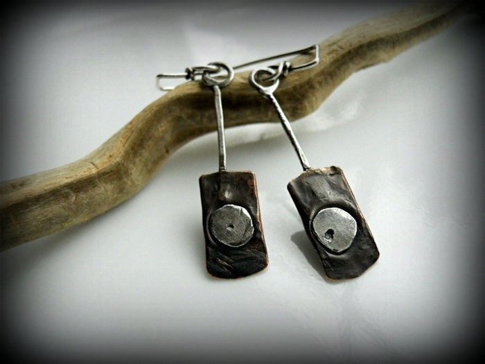 ON SALE - Salvage Look Dangle Earrings - Darkened Brass & Sterling Silver - OOAK