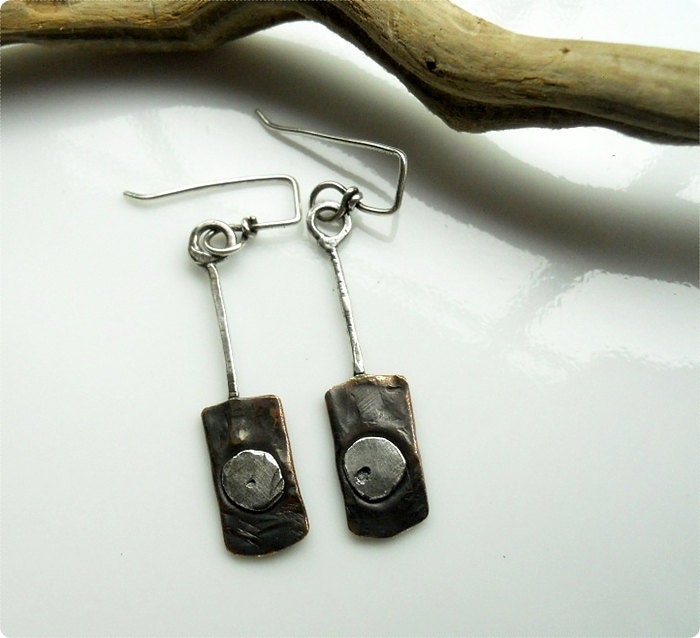 ON SALE - Salvage Look Dangle Earrings - Darkened Brass & Sterling Silver - OOAK