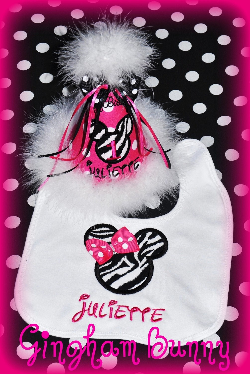 2 Piece Set,  Ultimate Minnie  Hat, and Appliqued Bib  Zebra or Solid,   Boutique Quality, You Choose Colors  by GINGHAM BUNNY