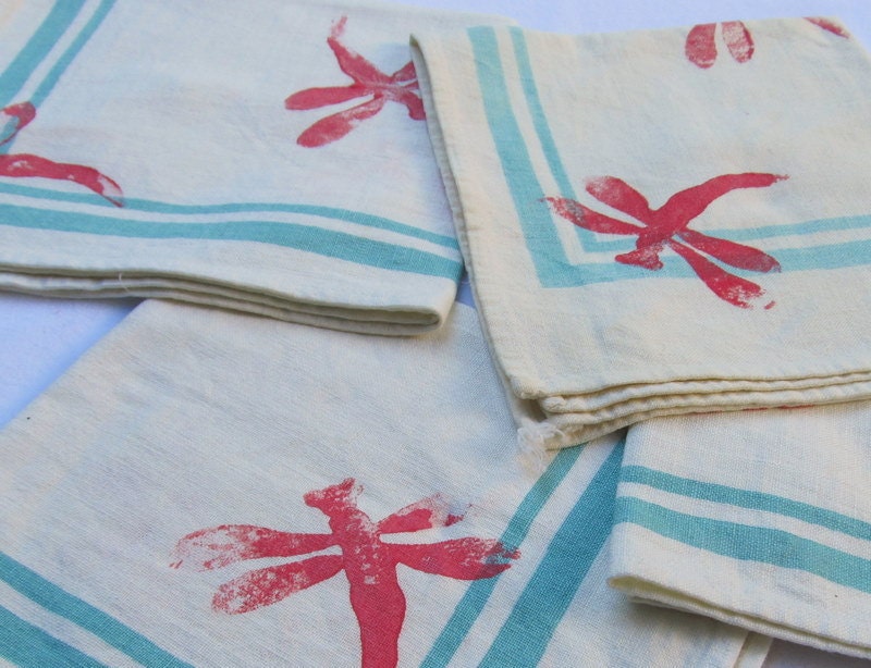 vintage DRAGONFLIES-- retro aqua on white cotton napkins with rouge dragonflies