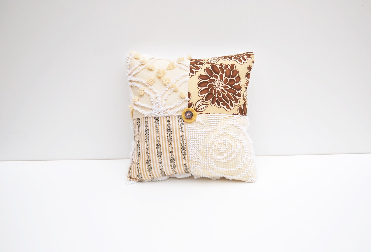 Chenille Pillow - Donna Daphne - Dahlia Yellow Brown Vintage Chenille Handmade Charm Pillow