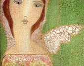 Angel with One Wing -Collage Painting Primitive Folk Art ( 5 x 7.25 inches PRINT) by FLOR LARIOS