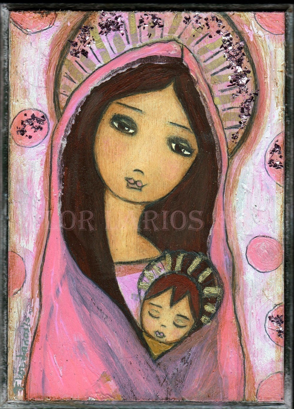 Sweet Dreams - Mother and Son - Folk Art  PRINT from Painting (5 x 7  inches Print) by FLOR LARIOS