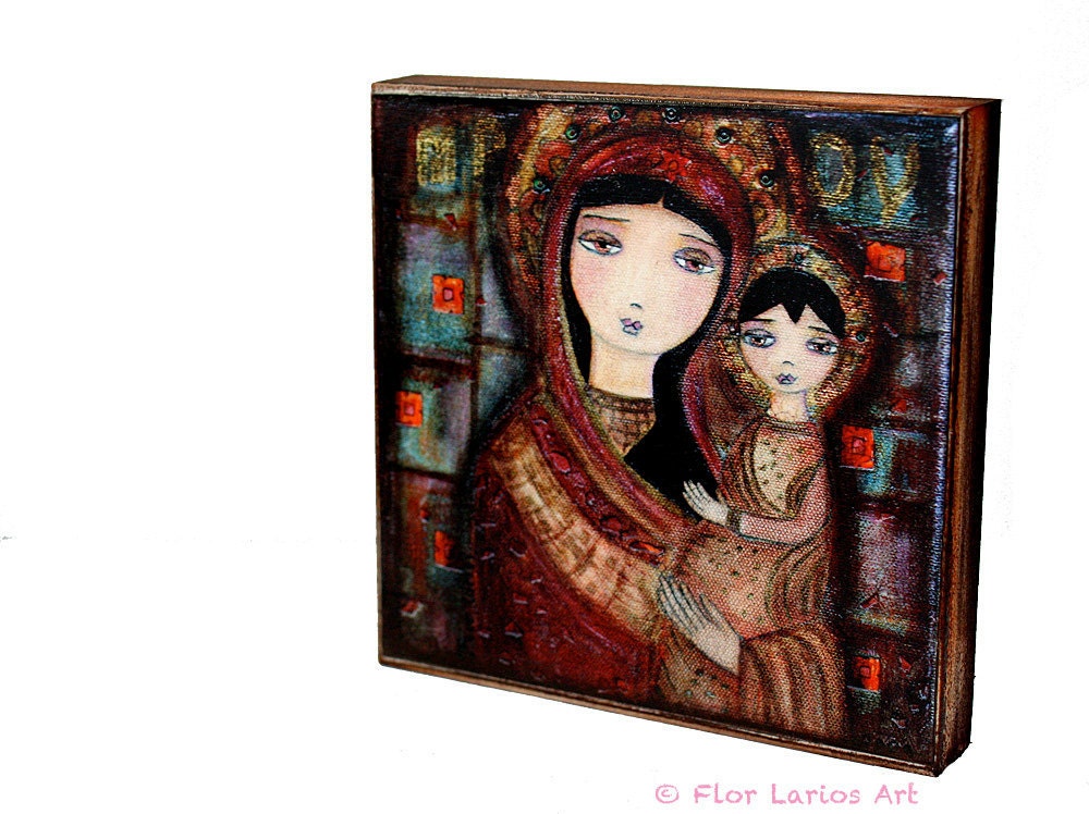 Mother of Tenderness -   Giclee print mounted on Wood (4 x 4 inches) Folk Art  by FLOR LARIOS