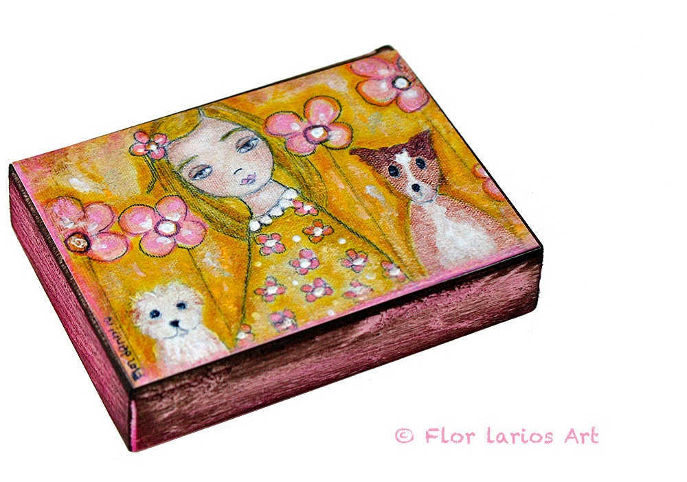 Girls with Dogs - ACEO Giclee print mounted on Wood (2.5 x 3.5 inches) Folk Art  by FLOR LARIOS