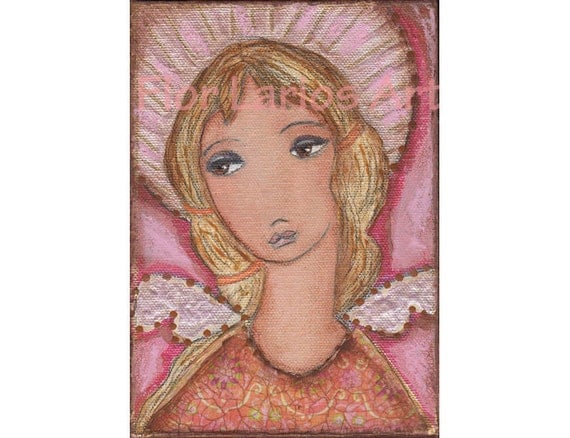 Angel in Pink - Original Mixed Media Painting on Canvas Folk art by FLOR LARIOS (5 x 7 INCHES)