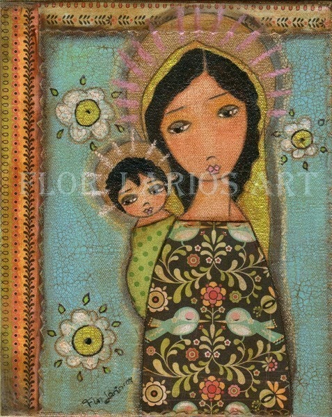 Black Madonna with Child - Mother and Child - Reproduction from Painting by FLOR LARIOS (6 x 8 Inches Print) )