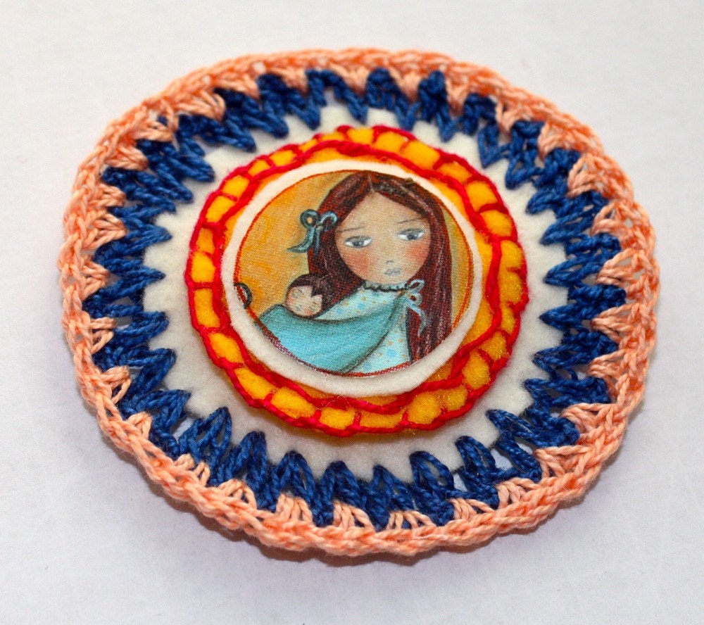 Clearance Sale - Original Crochet Brooch - Lullaby- Mother and Son- Art by FLOR LARIOS