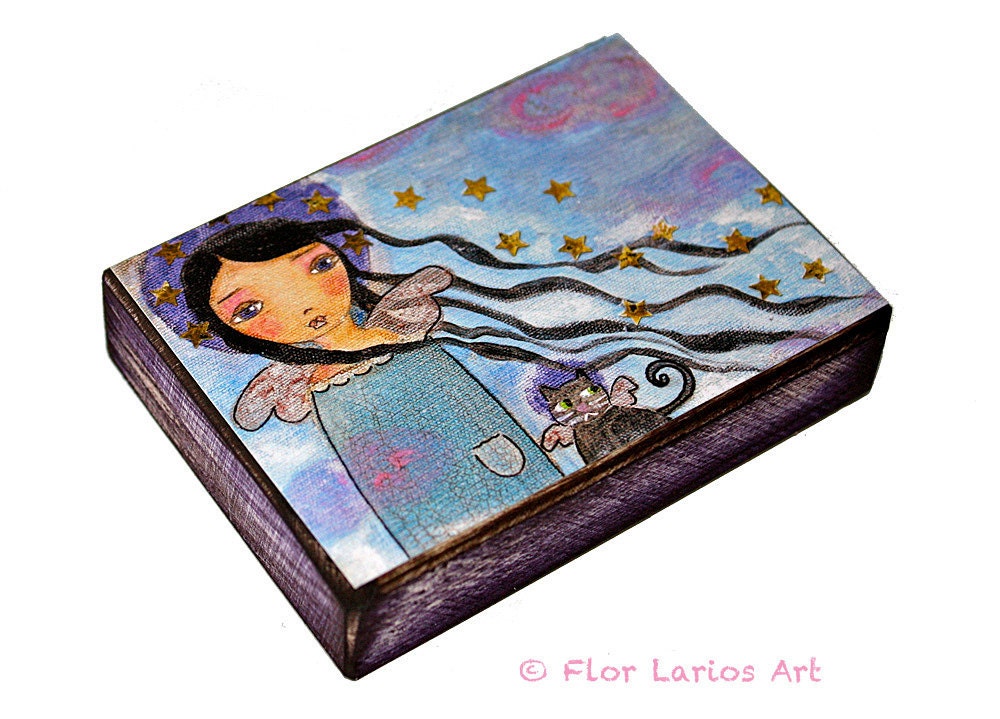 In Heaven with my Cat - ACEO Giclee print mounted on Wood (2.5 x 3.5 inches) Folk Art by FLOR LARIOS