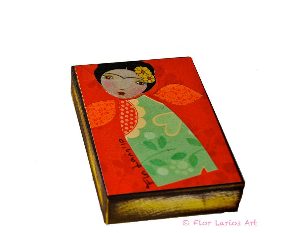 Frida Original - ACEO Giclee print mounted on Wood (2.5 x 3.5 inches) Folk Art by FLOR LARIOS