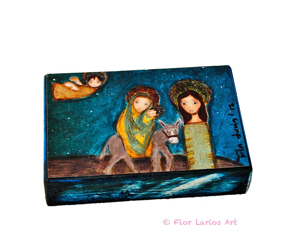 The Flight to Egypt - ACEO Giclee print mounted on Wood (2.5 x 3.5 inches) Folk Art by FLOR LARIOS