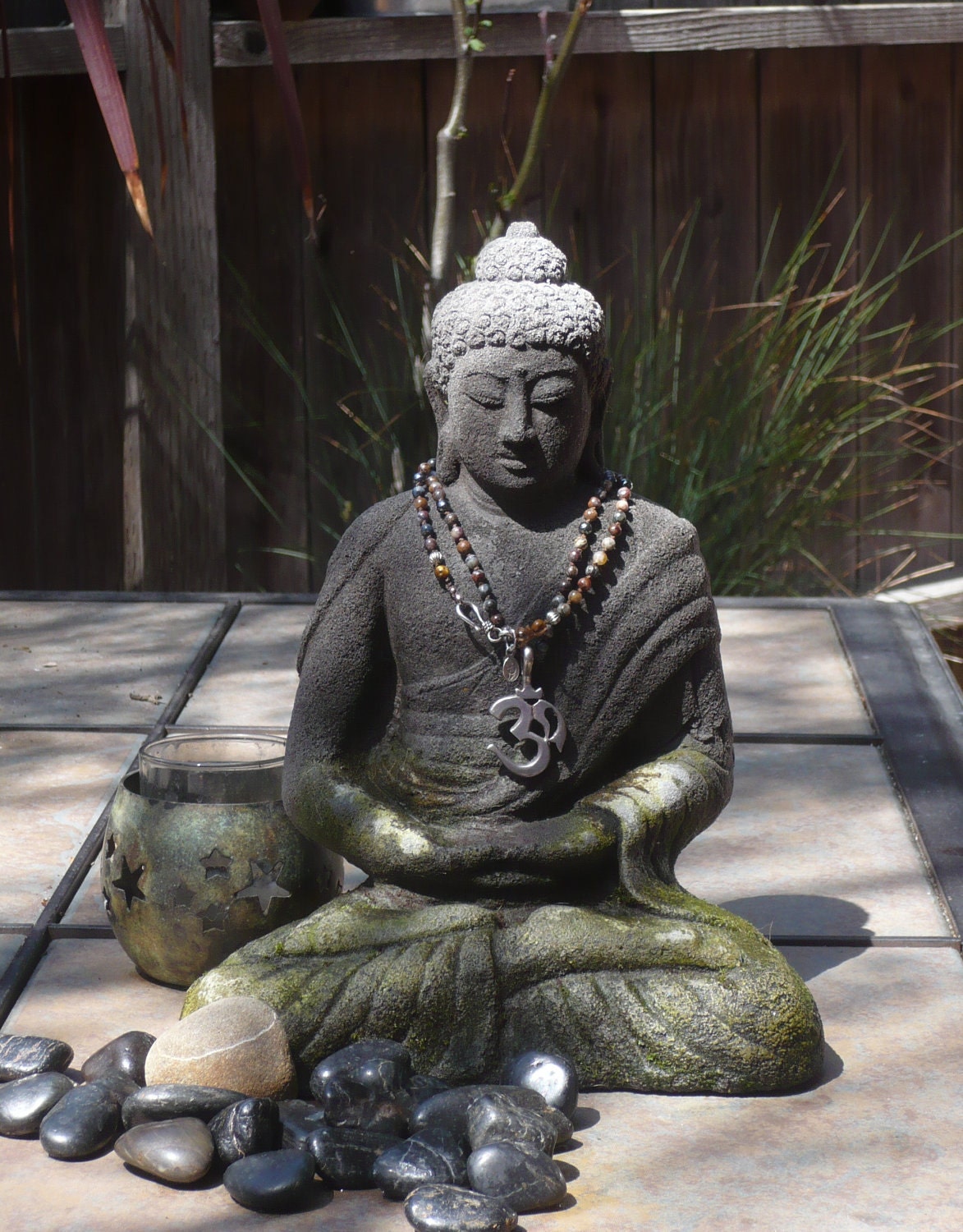jasper knotted necklace with pewter OM pendant