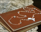 SALE Long Orange Pearl Beaded Necklace, Small White Bow, Vintage Glass Beads, Sterling Silver Chain, Tangerine, Freshwater Pearl
