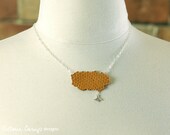 SALE Tiny Bee and Clay Honeycomb Necklace on Sterling Silver Chain, Silver Bee Charm, Hexagon Pattern, Beekeeper - Ready to Ship