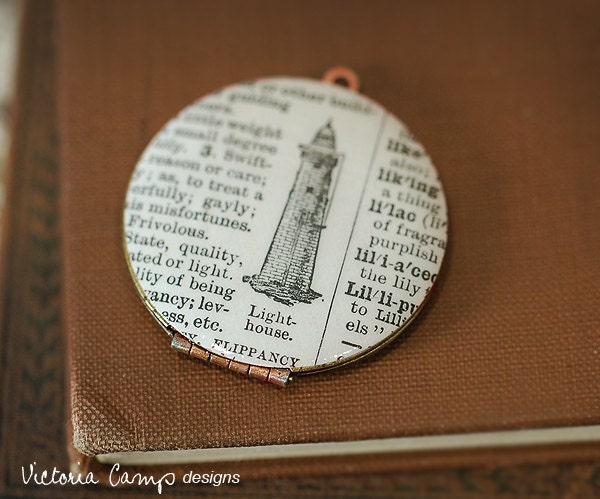 Lighthouse Locket Necklace, Vintage Dictionary Illustration, Ocean, Nautical, Coastal - Ready to Ship