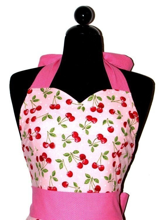 The JESSIE Vintage Inspired PINK CHERRIES Full Apron