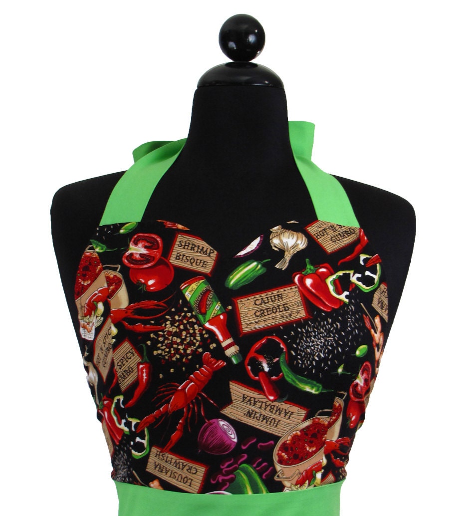 Womens Sweetheart Neckline "Spicy Cajun" Apron - Sexy in Spicy Gumbo JESSIE Full Apron