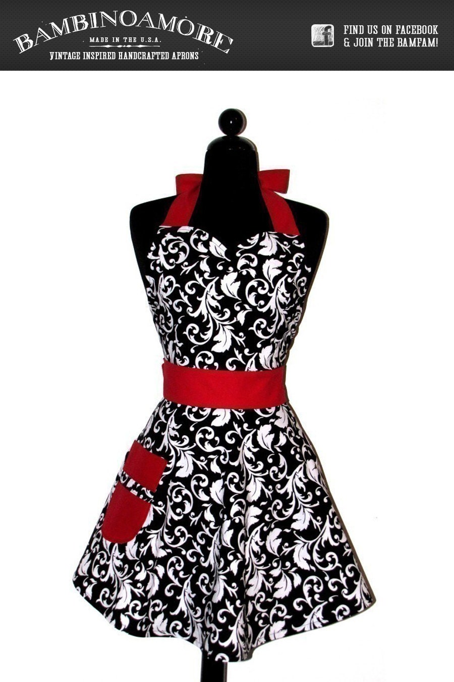 Womens Damask Sweetheart Neckline "Parisian" Apron - Sexy in Elegant Black and White with Red JESSIE Full Apron