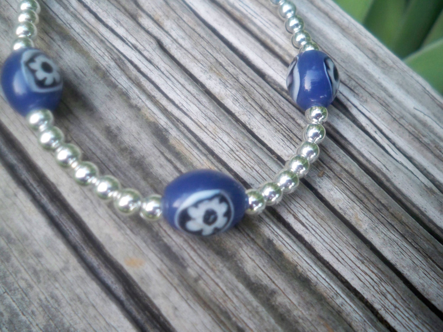 Blue Floral and Silver Anklet