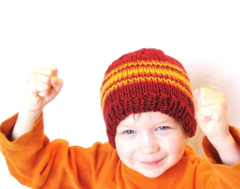 knit kids hat - fire and flames, cranberry red with orange and yellow stripes, 5T children to petite adult, natural fibers, ready to ship - BaruchsLullaby