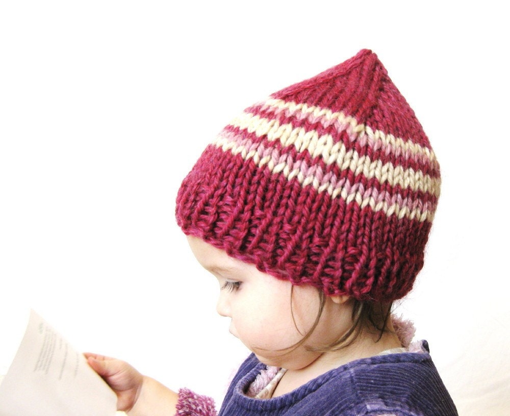 knit toddler hat and photo prop, 18 months to 4T - raspberry with cream and rose stripes, ready to ship