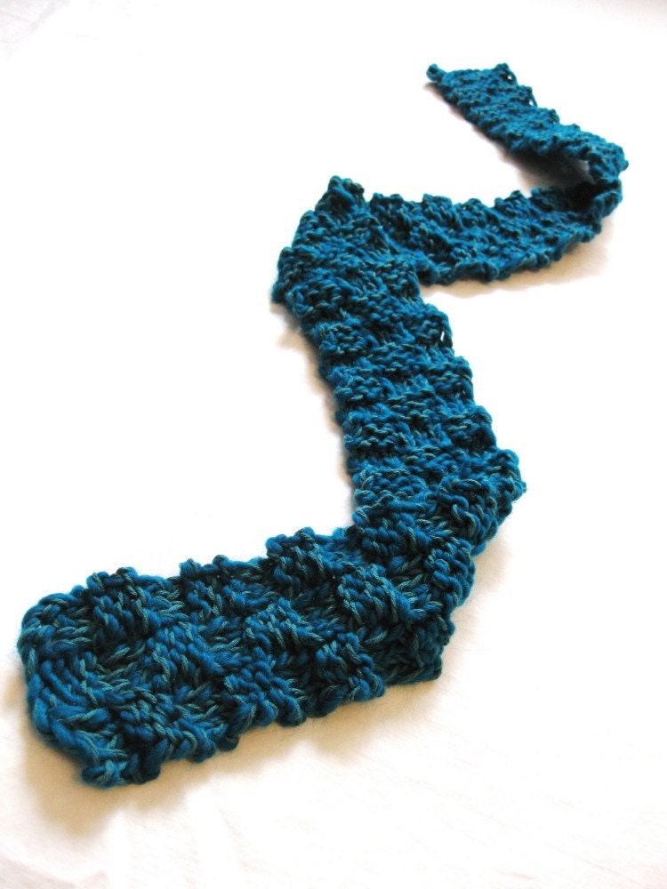 unisex knit scarf for women, men, or children - deep teal and peacock blue, basketweave texture, soft, all natural fibers, ready to ship