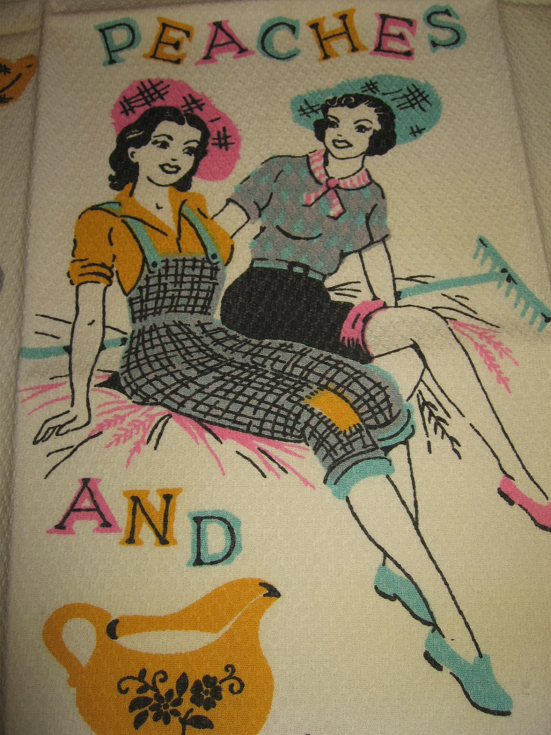 RESERVED Vintage Peaches and Cream Farm Girls Tea Kitchen Towel RESERVED