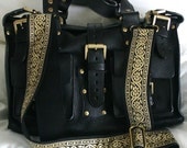 Custom Shoulder Strap for Handbag, Black and Metallic Gold Trim with Antique Brass Hardware