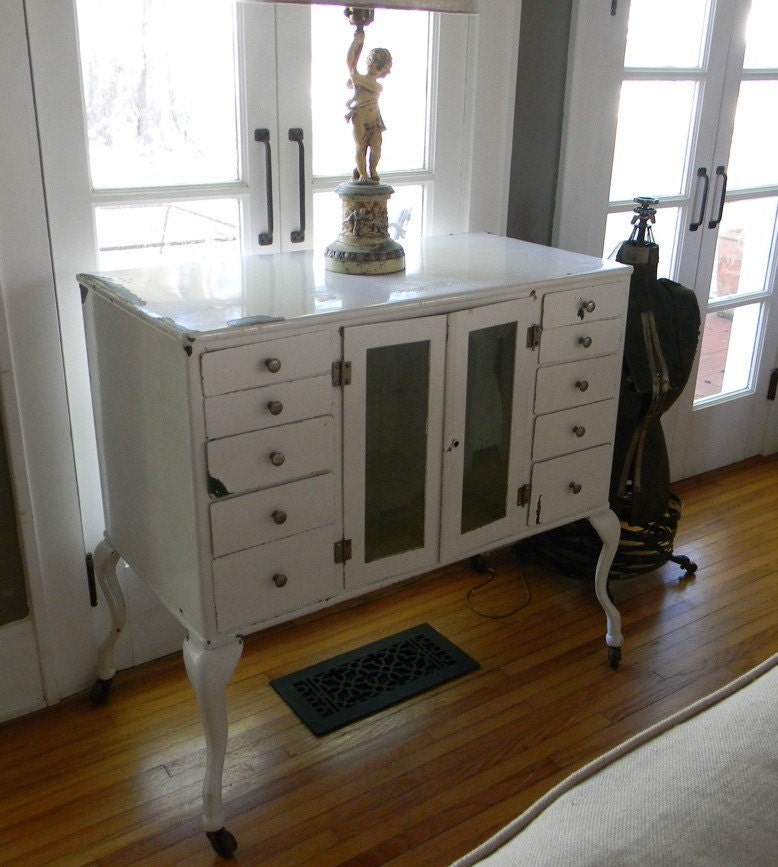 Vintage Industrial White Enamel Zinc Gray  Dental Cabinet