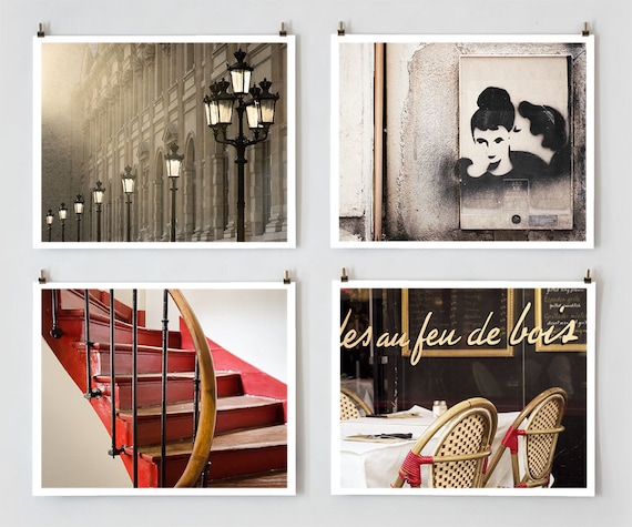 Paris Color Photography Set, Twilight, French Art Prints, Paris Decor, Red Wall Art, Wall Deor