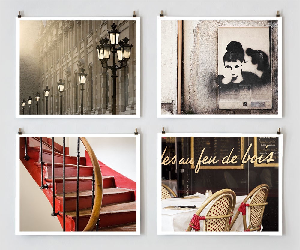 Paris Color Photography Set, Twilight, French Art Prints, Paris Decor, Red Wall Art, Wall Deor
