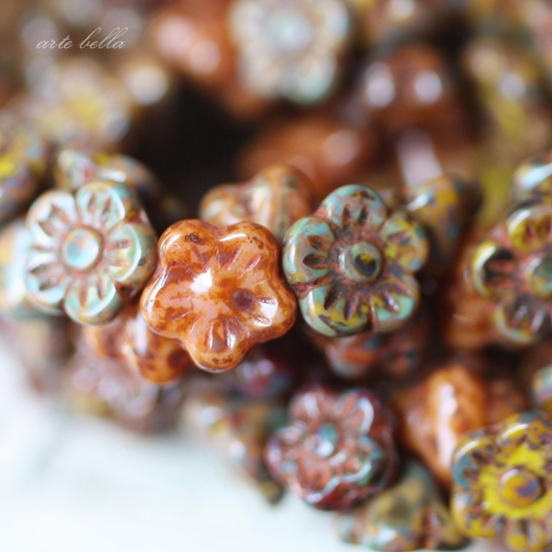 last ones .. AUTUMN POSIES .. Czech Glass Mix Flower Beads 8x5mm (2108-25)