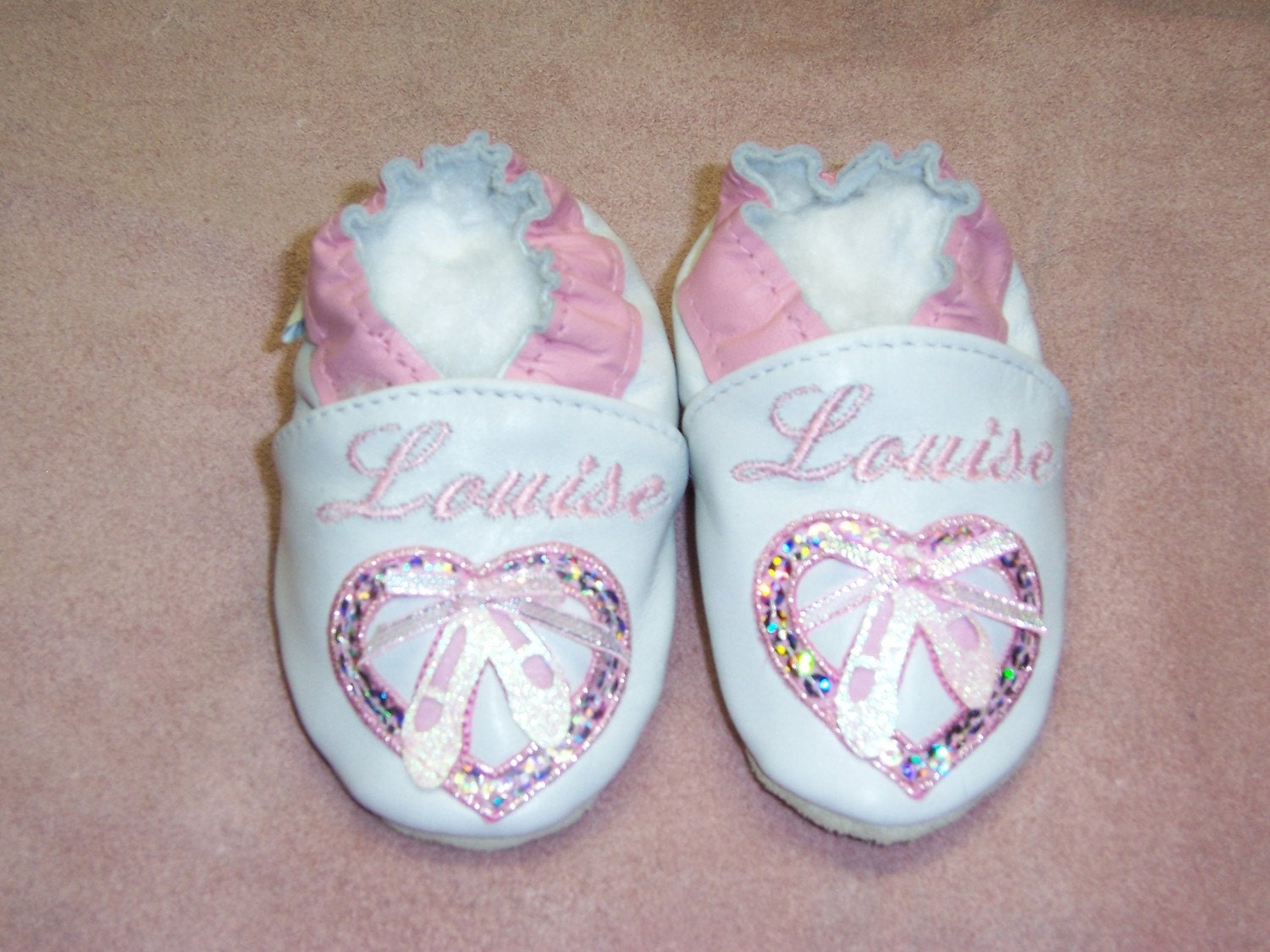 white leather baby shoes your childs name and heart