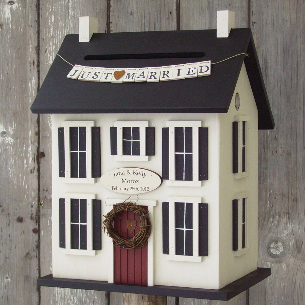 Wedding Card Holder Birdhouse - The Original -  Personalized - Choose Your Colors - includes JUST MARRIED banner