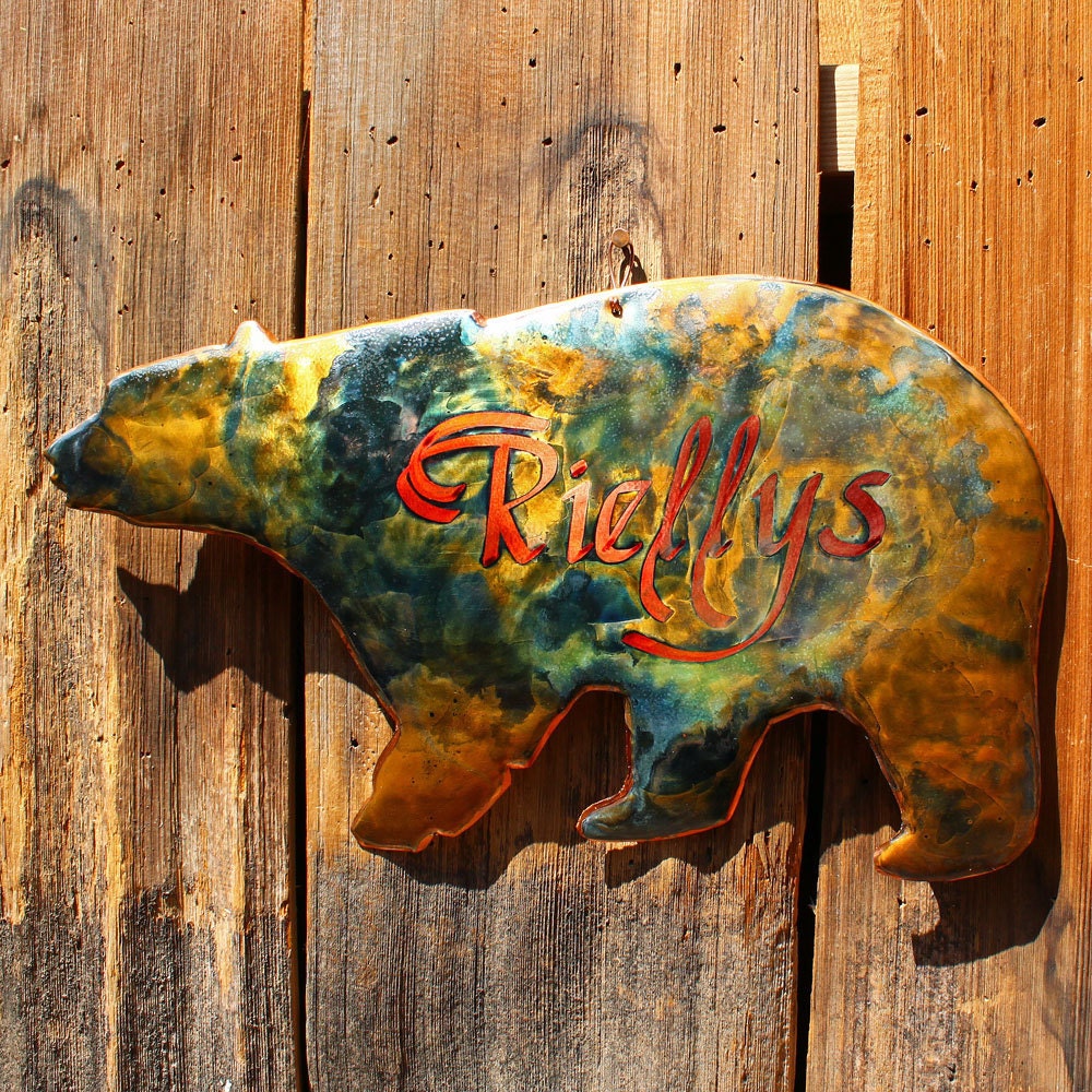 CUSTOM for you - personalized copper Black Bear-shaped name or word plaque by Wendy and Mark - with calligraphy and verdigris green patina