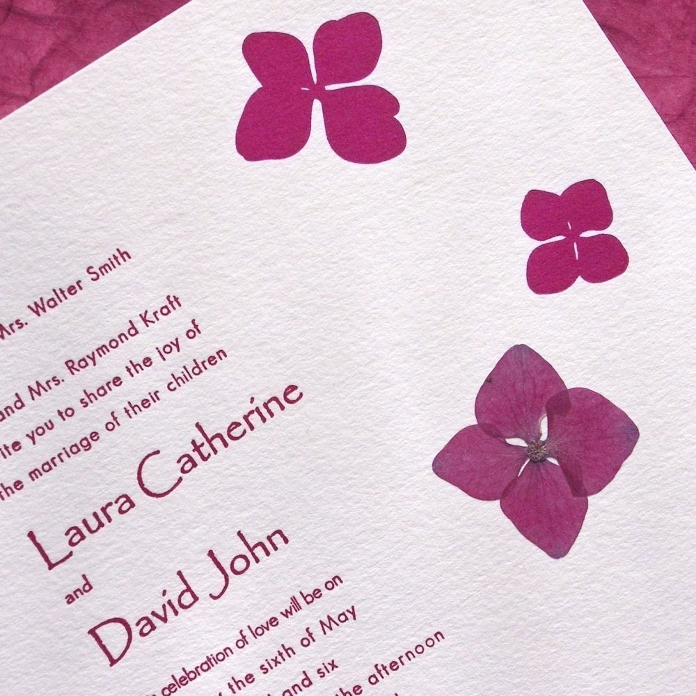 Hydrangea - pressed flower Letterpress Wedding Invitation - fuchsia on white