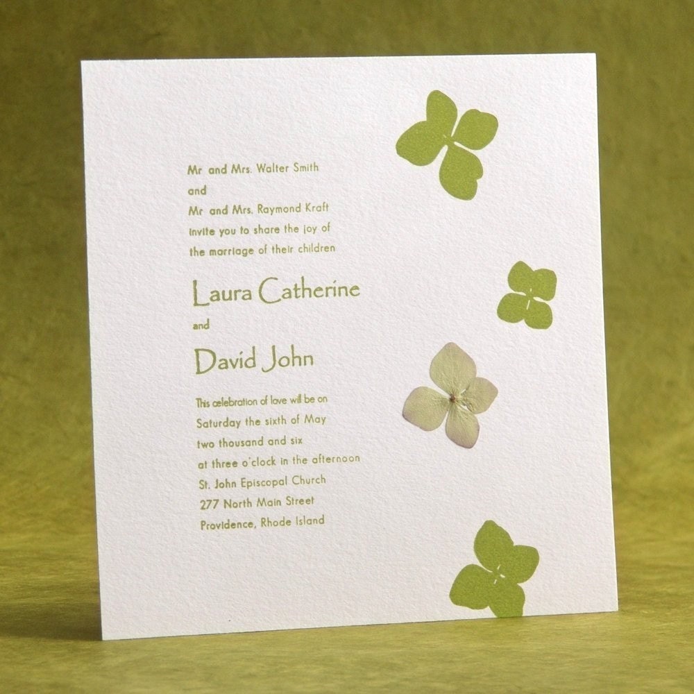Hydrangea pressed flower - Letterpress Wedding Invitation - grass green on white