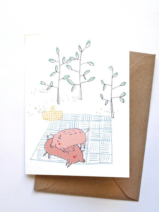 Card - picnic pigs in love