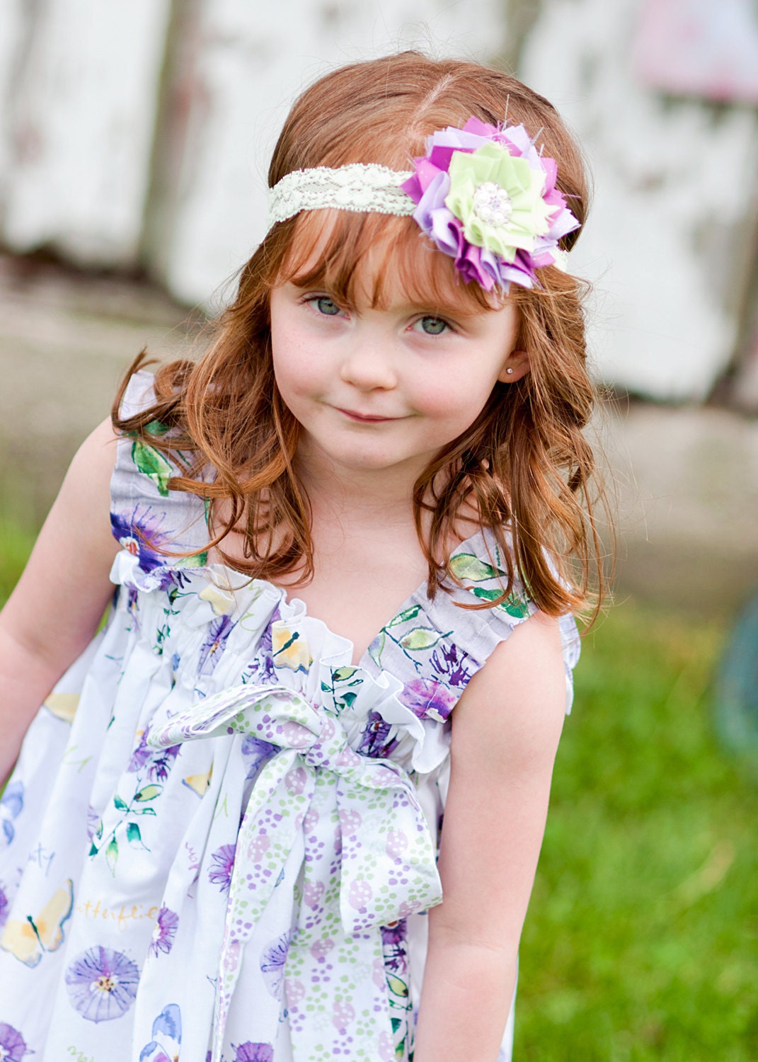 Girls Flower Headband Shabby Victorian Butterflies and Sunshine
