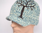 Brimmed Beanie with Embroidered Tree - Baby Blue and Cream with Brown Tree - Made to Order - LoveFuzz