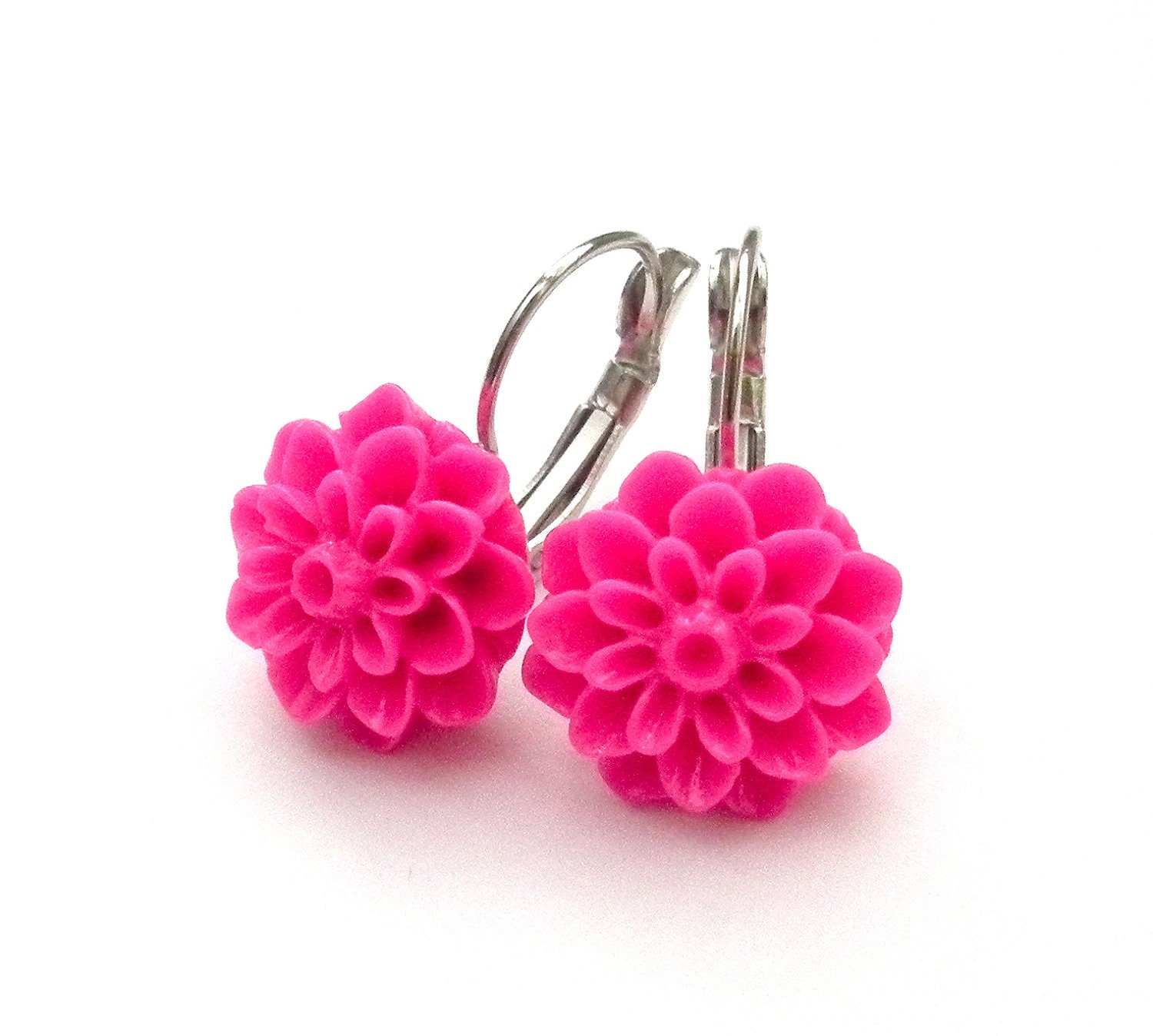 Hot Pink Mini Mum Cabochon Flower Earrings