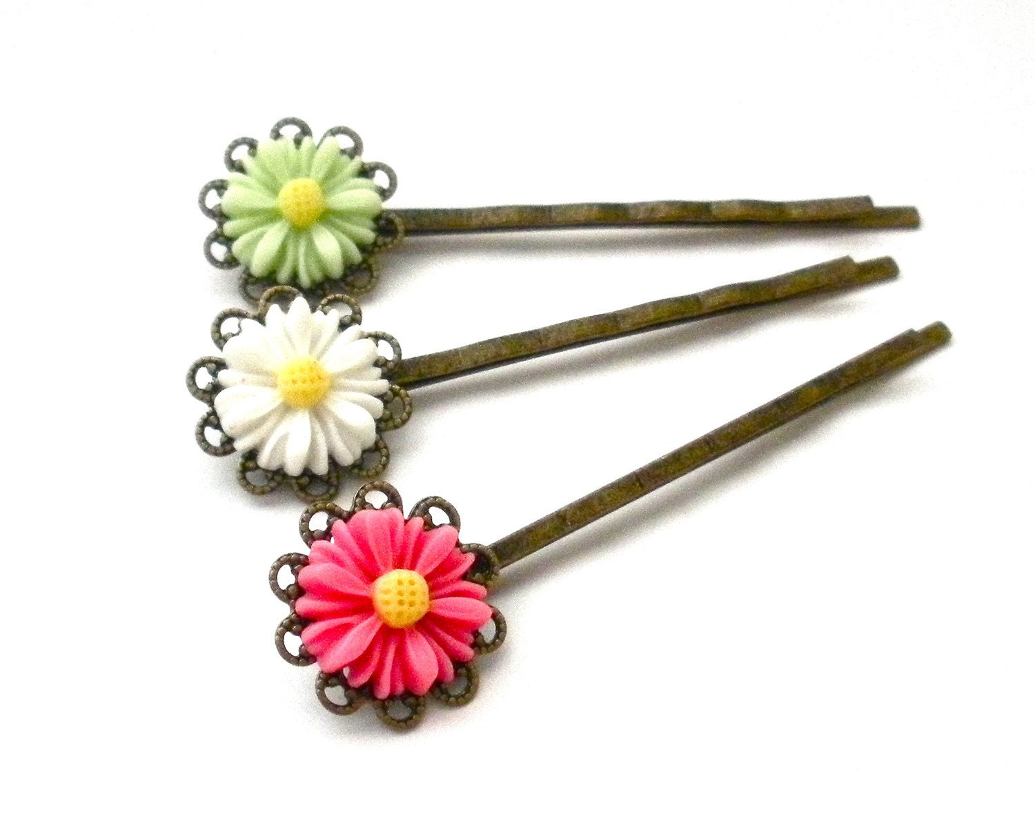 Boho Daisy Flower Bobby Pins, Resin Cabochon