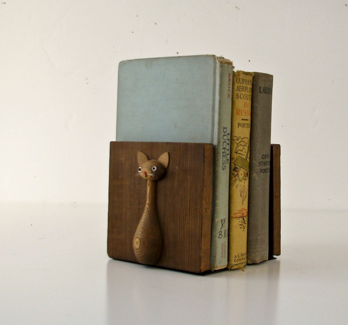 Mid Century Modern Cat Bookends Scandinavian Teak by BeeJayKay