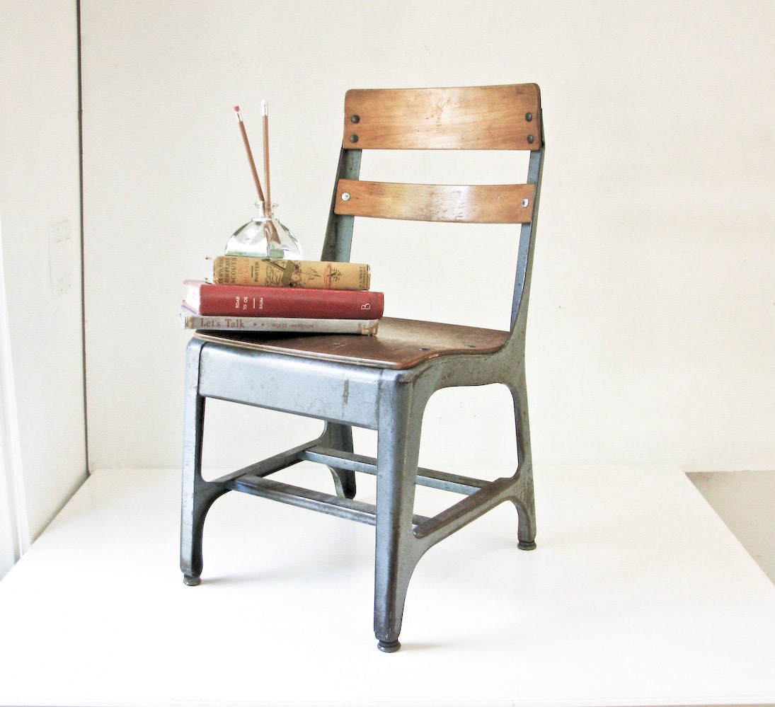 Vintage Child School Chair - Wood and Metal - Back To School